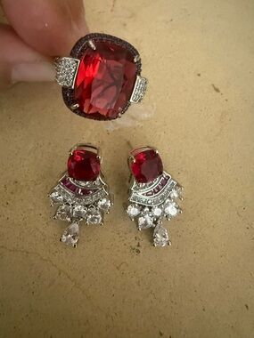 Sterling Silver Red Cubic Zirconia Ring and Earrings Set